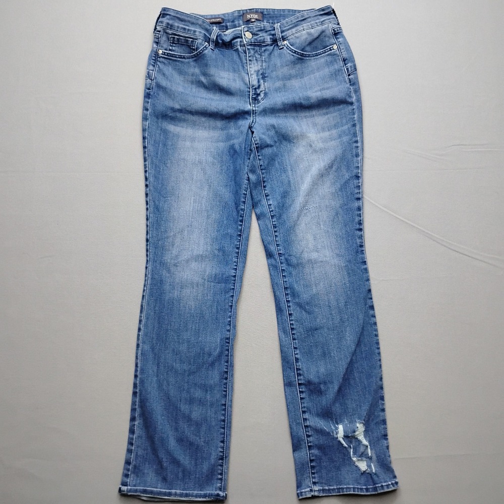 NYDJ Marilyn Straight Leg Jeans Women Size 12 Blue Distressed Lift Tuck Denim
